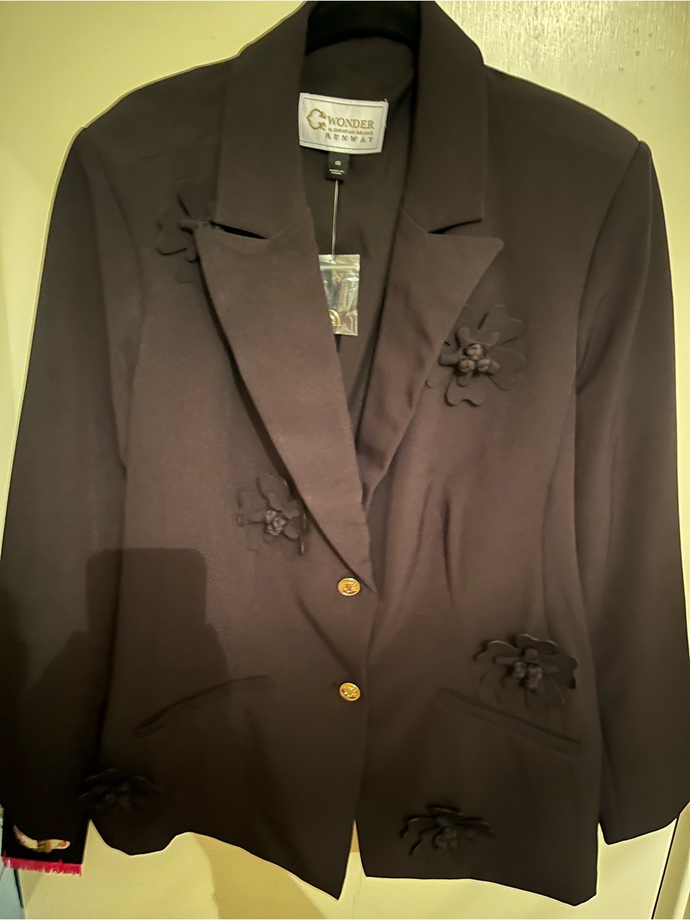 Christian Siriano Black Floral Appliqué Blazer with Gold-Tone Buttons